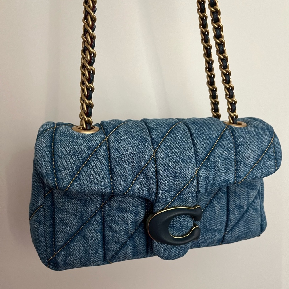 Coach Quilted Denim Shoulder Bag with Brass Chain Strap